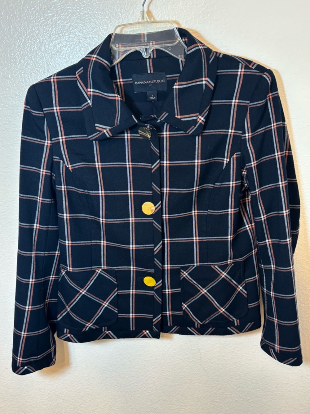 Banana Republic chic Navy Plaid Cropped Button blazer